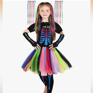 Girls Rainbow Skeleton Tutu Costume With 12 Hair Extentions Size Medium